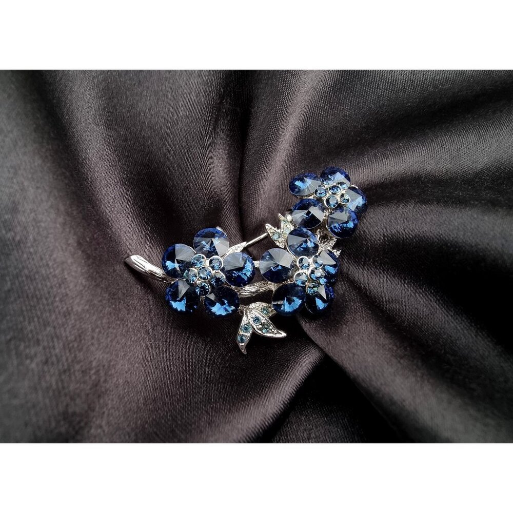 Vintage Blue Rhinestones Branch of Flowers Brooch Pin